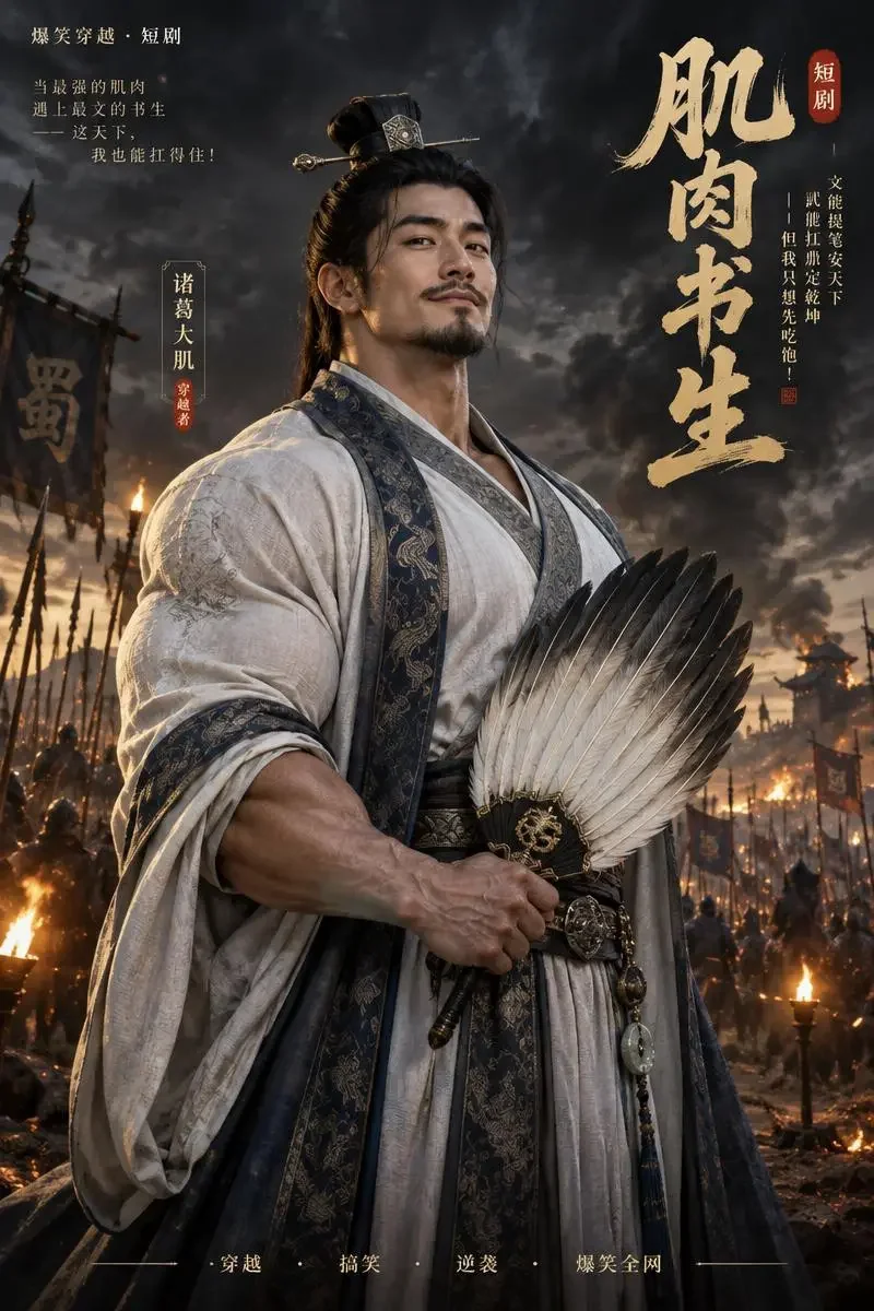 一身腱子肉，乱世做谋臣短剧海报，穿越、系统、反差爽剧题材